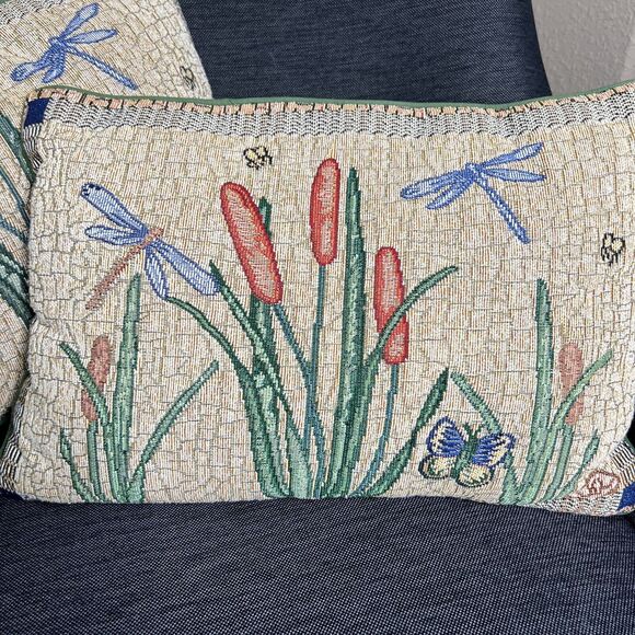 Dragonfly Tapestry Throw Accent Pillows Set Of 2 Cattail Butterfly 16"x12" - Picture 2 of 6